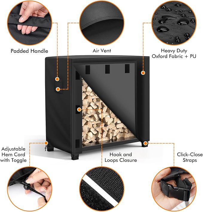 WLEAFJ Outdoor Firewood Rack Cover 4 feet, Log Rack Cover Waterproof, Wood Cover for Log Holder, 48" W x 24" D x 41" H, Black