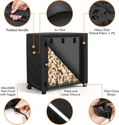 WLEAFJ Outdoor Firewood Rack Cover 4 feet, Log Rack Cover Waterproof, Wood Cover for Log Holder, 48" W x 24" D x 41" H, Black