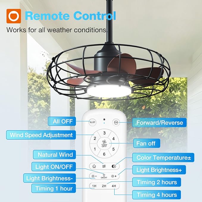 addlon 20 Inch Outdoor Ceiling Fan with Light for Patio, IP65 Waterproof Plug in Caged Hanging Fan, Remote Control, 3000-6000K Dimmable, 6 Speeds Reversible Outdoor Fan for Gazebo, Pergola, Porch