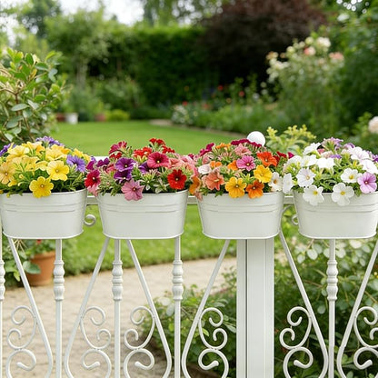 RIOGOO Hanging Planters, Set of 4, Metal Iron Flower Pots with Detachable Hook, White, 10.7" Diameter, Indoor and Outdoor Wall Decor