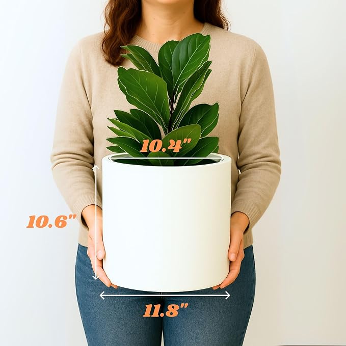 Fox & Fern Large Indoor Planter, Modern Large Plant Pot for Indoor or Outdoor, UV and Frost Resistant - 12 Inch, Matte White Flower Pot with Drainage Plug, Lightweight