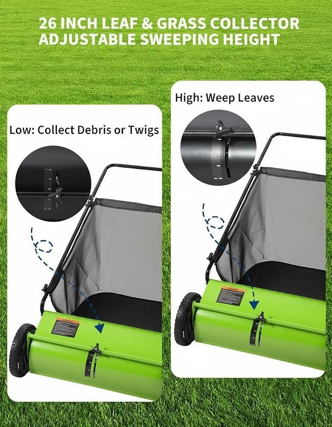 GarveeLife 26 Inch Push Lawn Sweeper with 4 Spinning Brushes, 7 Cu.ft Large Capacity Leaf Collector, Adjustable Height Grass Sweeper, All Terrain Lawn Leaf Debris Removal Tool for Yard Garden Patio