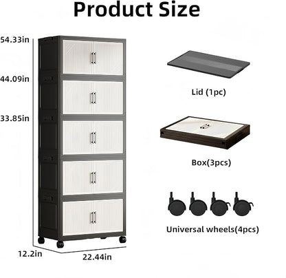 5 Tier Foldable Storage Cabinet with Top Lid, Tall Mobile PP Storage Organizer with Magnetic Doors and Wheels, Space-Saving Collapsible Organizer for Bedroom Living Room Kitchen Pantry Bathroom