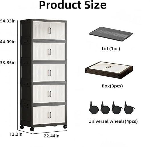 5 Tier Foldable Storage Cabinet with Top Lid, Tall Mobile PP Storage Organizer with Magnetic Doors and Wheels, Space-Saving Collapsible Organizer for Bedroom Living Room Kitchen Pantry Bathroom