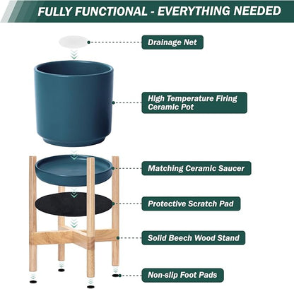 D'vine Dev Ceramic Planter with Natural Stand - 14 Inch Modern Round Flower Pot with Wood Planter Holder, Teal, 55-B-R-4