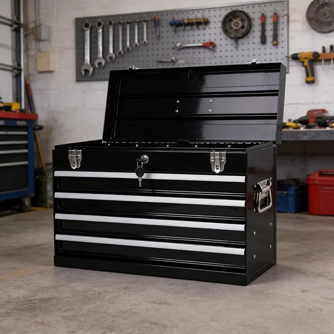 4 Drawers Metal Tool Box, 21'' Portable Metal Tool Box with EVA Liners & Auto-Locking Mechanism, Heavy Duty Steel Tool Chest with Ball-Bearing Drawer Slides & Convenient Top Handle, Black