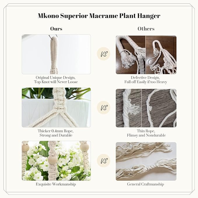 Mkono Macrame Plant Hanger Indoor Hanging Planter Basket with Wood Beads Decorative Flower Pot Holder No Tassels for Indoor Outdoor Boho Home Decor 35 Inch, Ivory, Set of 2 (POTS NOT Included)