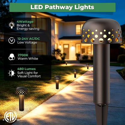Gardencoin Low Voltage Landscape Pathway Lights, 12V Outdoor Mushroom Decorative Lights, Unique Aluminum Path Lighting with 4W 2700K Replaceable Bulb for Walkway Garden Yard, 2 Pack