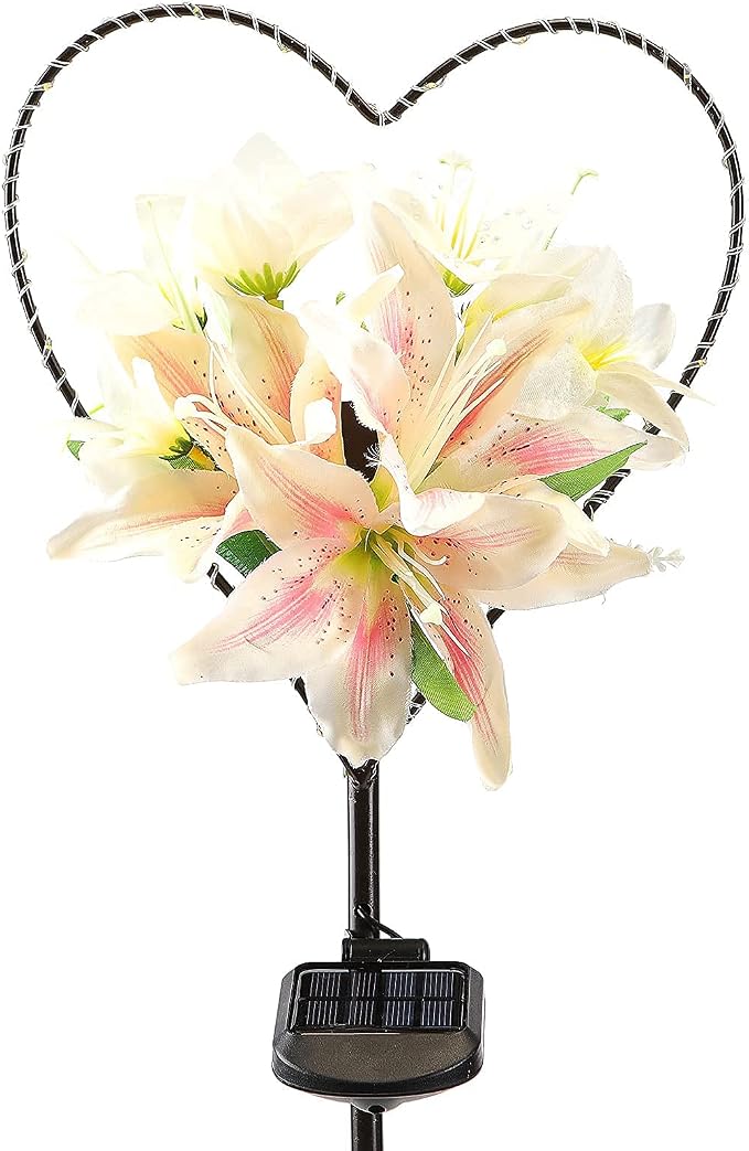 Starryfill Solar Garden Stake Lights Outdoor - Heart-Shaped Metal Decor with Lily Flowers & 25 LED Warm White Lights, Waterproof Memorial Decorations for Cemetery Grave, Remembrance Valentine's Gift