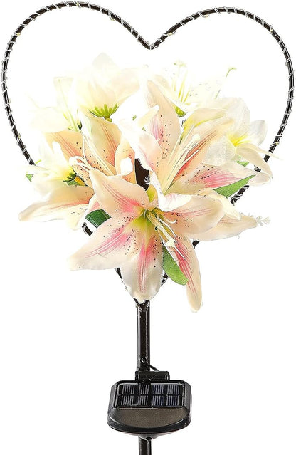 Starryfill Solar Garden Stake Lights Outdoor - Heart-Shaped Metal Decor with Lily Flowers & 25 LED Warm White Lights, Waterproof Memorial Decorations for Cemetery Grave, Remembrance Valentine's Gift