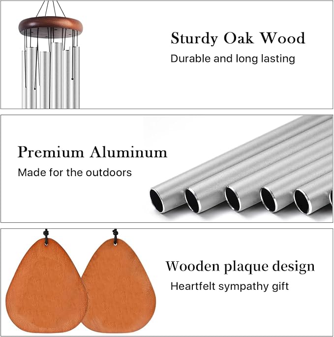 37 Inch Large Aluminum Wind Chimes, Sleek Silver with Deep Tone and Wood Top, Outdoor Decor for Garden Patio Backyard Porch, Birthday Housewarming Gift