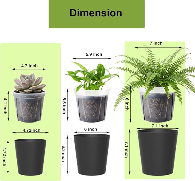 4 Pack of 7in and 5in Double-Layer Self-Watering Pot with Clear nusery Pot - Indoor Planter with Drainage for Root Visibility,semi Hydro pots for repotting Orchids,Aroid or Monstera,Black