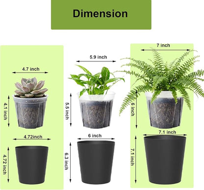 4 Pack of 7in and 5in Double-Layer Self-Watering Pot with Clear nusery Pot - Indoor Planter with Drainage for Root Visibility,semi Hydro pots for repotting Orchids,Aroid or Monstera,Black