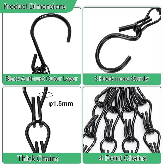 Heybe Hanging Baskets Chains 16 Inches 4 Leads Hanging Chains with S Hooks, Flower Pot Hanger Replacement Plant Hangers for Planters and Lanterns, Pack of 3