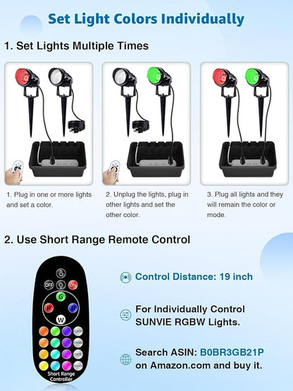 SUNVIE RGB Spot Lights Outdoor 12W LED Color Changing Landscape Lights with Remote Control 120V RGBW Landscape Lighting Waterproof Outdoor Spotlight for Yard Garden Patio Lawn Decorative, 2 Pack