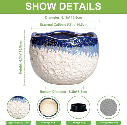 Ceramic Plant Pots - 6 Inch Orchid Pot for Indoor Outdoor Plants, Unique Pots for Plants with Drainage Hole and Plug, Modern Round Planter, Garden House Decor, Housewarming Gifts, Beige-blue