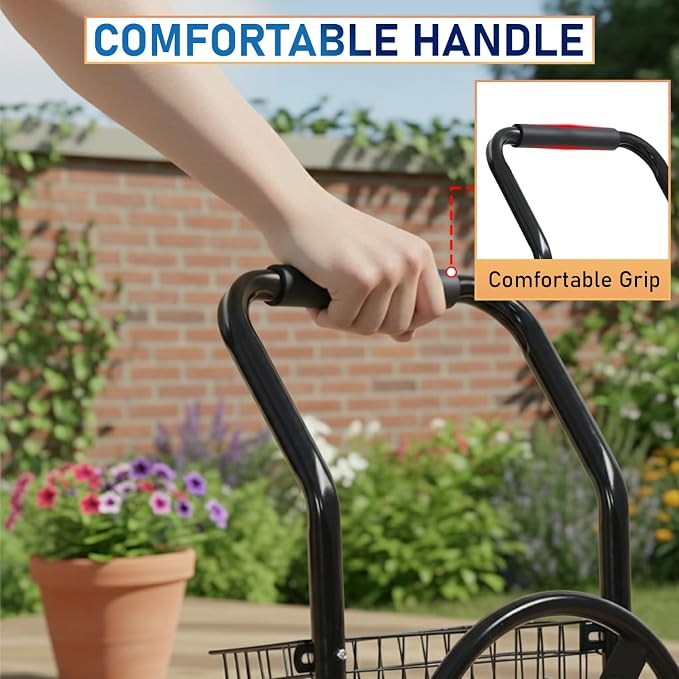 FDW Garden Hose Reel Cart, Water Hose Cart with 4 Wheels, Hold Up to 300 ft of 5/8’’ Hose，Heavy Duty Powder-Coated Steel Planting with Storage Basket, for Garden, Yard and Lawn
