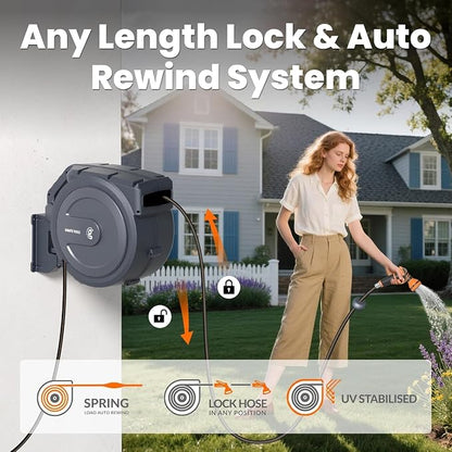 Giraffe Tools Garden Hose Reel 1/2" x 100 ft,Wall Mounted Retractable Water Hose Reel, Automatic Rewind & Lock at Any Length