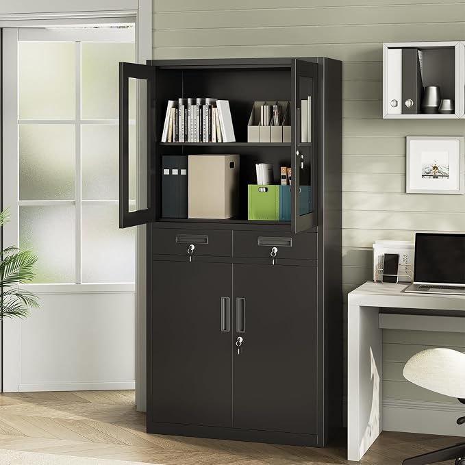 71" Black Metal Storage Cabinet with Glass Doors, Garage Storage with 2 Drawers + 2 Adjustable Shelves, Heavy Duty Tool Cabinet with Locking Doors for School, Workshop, Office, Black