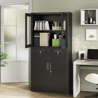 71" Black Metal Storage Cabinet with Glass Doors, Garage Storage with 2 Drawers + 2 Adjustable Shelves, Heavy Duty Tool Cabinet with Locking Doors for School, Workshop, Office, Black