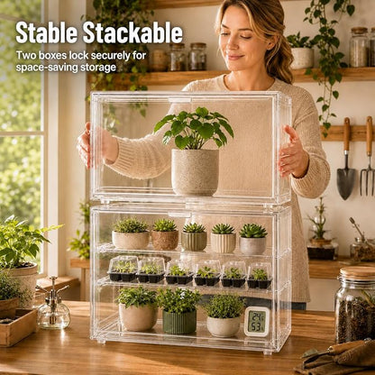 Mini Greenhouse for Indoor, Clear Stackable Green House with Magnetic Door & Adjustable Drainage Dividers, Tabletop Portable Greenhouse for Small Plants Nursery Germination and Display (1 Pack)
