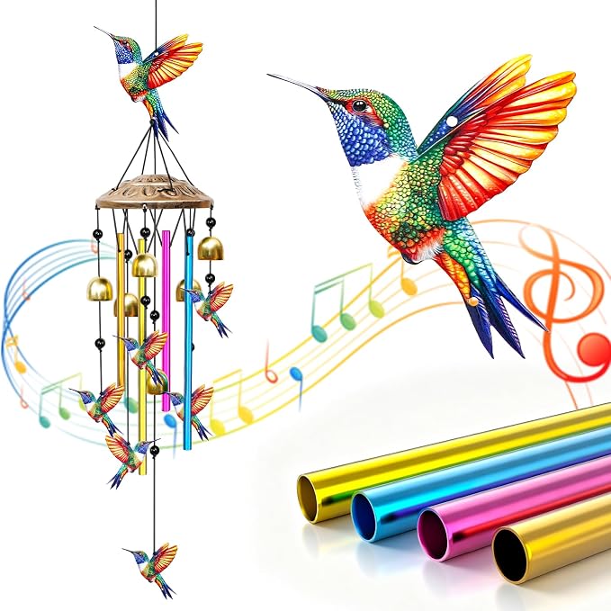 35" Wind Chimes for Outside, Hand-Tuned Aluminum Windchimes with 6 Bells & Hummingbird Decor, Rustproof Metal Chimes for Garden Patio Porch, Sympathy Memorial Gift(Hummingbird)