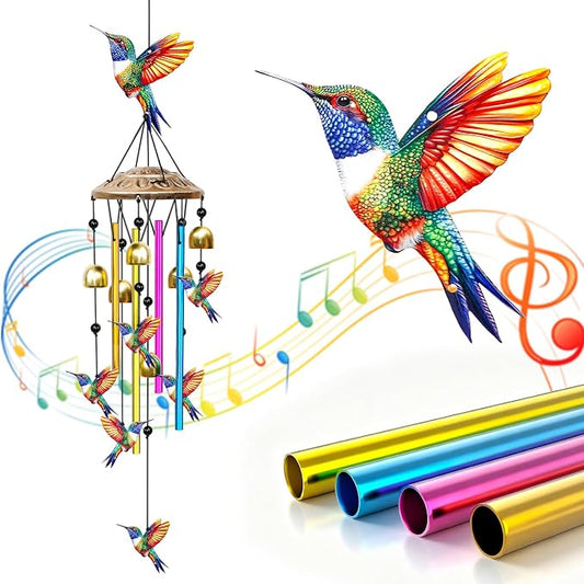35" Wind Chimes for Outside, Hand-Tuned Aluminum Windchimes with 6 Bells & Hummingbird Decor, Rustproof Metal Chimes for Garden Patio Porch, Sympathy Memorial Gift(Hummingbird)