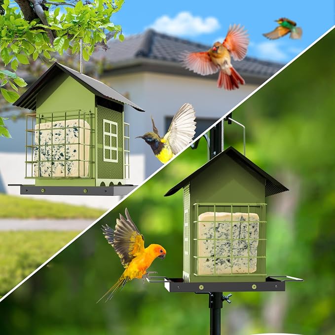 FlowaFoli Bird Feeders for Outdoors Hanging, Metal Bird Feeder with Double Suet Cage Cake, Large Capacity, Birdfeeders Sturdy & Weatherproof, Easy to Clean & Refill, Great for Attracting Wild Birds