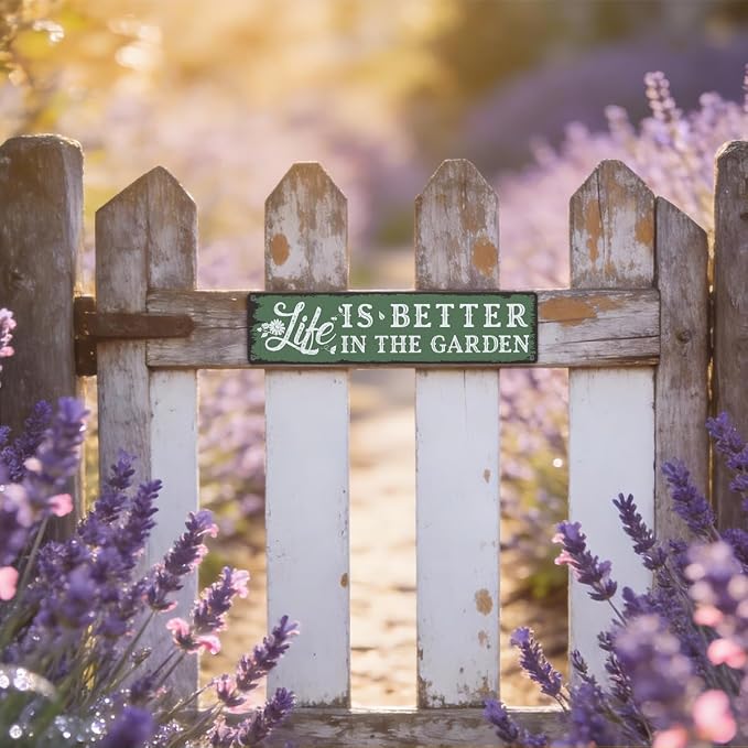 Garden Metal Tin Sign, Rustic Farmhouse Gardening Decor, Life Is Better in the Garden Quote Wall Decor, for Yard Fence Porch, Inspirational Outdoor Indoor Metal Sign, 15.7 x 3.9 Inches
