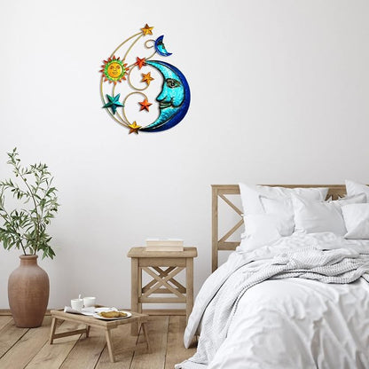Metal Sun Outdoor Wall Art Decor, Large Size 17'' Sun Face Metal Wall Sculpture with Moon & Stars for Home Wall Decoration Living Room, Bedroom, Outside Decor for Yard, Patio, Garden Fence Deck Pool