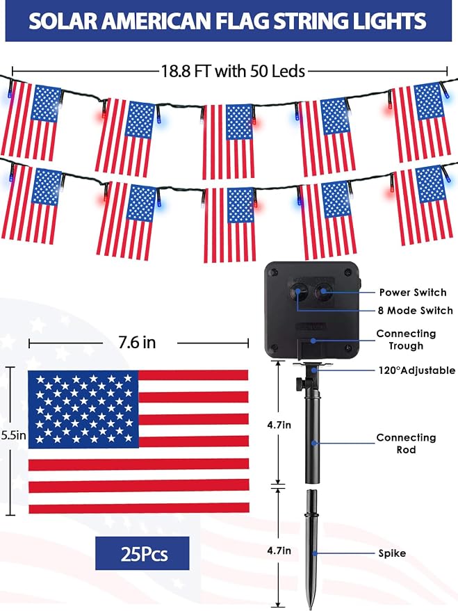 4th of July Decorations 50 LED Solar American Flag String Lights Outdoor | 25 USA Flags, 8 Modes, Memory Function, Auto On/Off, 18.8FT Waterproof Twinkle Lights for 250th Anniversary Patriotic Decor