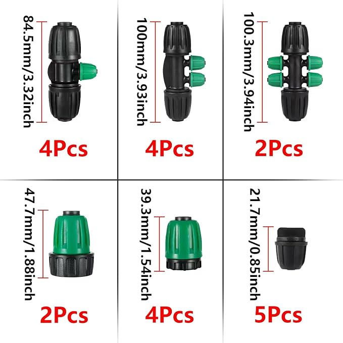 US Standard Faucet Adapter 2pc, 3/4 "Faucet to 1/2" Drip Irrigation Fitting,2pc 6-way Connector 4pc 4-way Connector 4 pc 3-way Connector 4pc 1/2 End Plug 5pc 1/4 End Plug