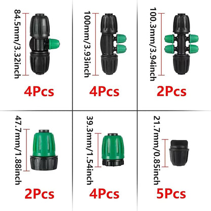 US Standard Faucet Adapter 2pc, 3/4 "Faucet to 1/2" Drip Irrigation Fitting,2pc 6-way Connector 4pc 4-way Connector 4 pc 3-way Connector 4pc 1/2 End Plug 5pc 1/4 End Plug