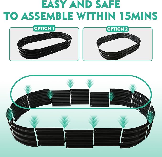YSEJOMP 12" Tall Oval-Shaped/Elliptic Metal Raised Garden Bed Outdoor Black | 72X36X12 Inch,1 FT Tall,0.8MM Thick Galvanized Metal Painted,for Variety of Flowers,Herbs,Vegetables.with Gloves,Tool free