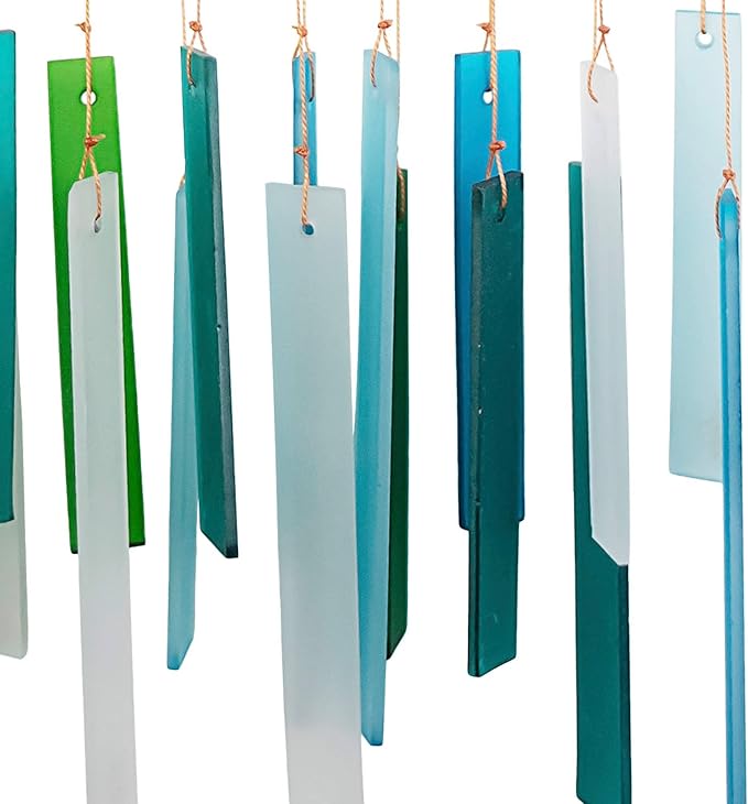 Ocean Blue Sea Glass Driftwood Wind Chime, Handcrafted Coastal, 15 Inch | Ocean Blue Glass; Driftwood Accent; Coastal Patio Decor; Handcrafted Wind Chime