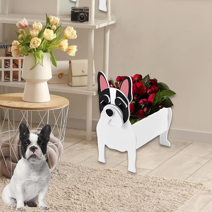 White French Bulldog Dog Planter Pots, 9.45 x 6.3 x 13.35 Inches | Dog Flower Pot, Cute Animal Shaped Plant Pot, Gifts for Women & Pet Lovers, Indoor Outdoor Garden Home Office Decor