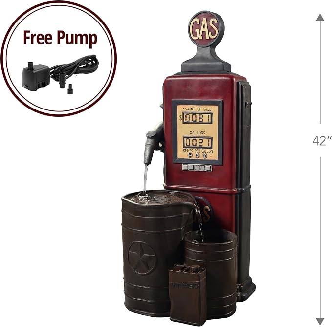 Peaktop Teamson Home Vintage Gas Station Statue 3 Tiered Floor Waterfall Fountain with Pump for Outdoor Patio Garden Backyard Decking, 42 Inch Height, Dark Red | Statue Design, 42 Inch Height, Includes Pump, For Outdoor Patio Garden Backyard Decking