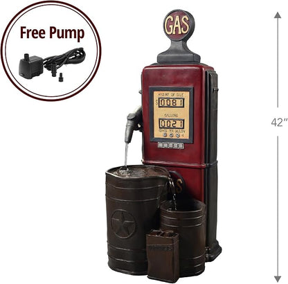 Peaktop Teamson Home Vintage Gas Station Statue 3 Tiered Floor Waterfall Fountain with Pump for Outdoor Patio Garden Backyard Decking, 42 Inch Height, Dark Red | Statue Design, 42 Inch Height, Includes Pump, For Outdoor Patio Garden Backyard Decking