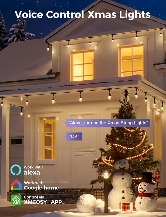 XMCOSY+ Smart Outdoor String Lights, 98Ft LED Patio Lights Waterproof IP65, App Control, Compatible with Alexa, Dimmable Edison Bulbs Outdoor Light for Yard Porch Bistro Outside
