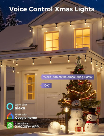 XMCOSY+ Smart Patio Lights 49Ft LED Outdoor String Lights Waterproof IP65, App Control, Compatible with Alexa, Dimmable Edison Bulbs Outdoor Light for Yard Porch Bistro Outside