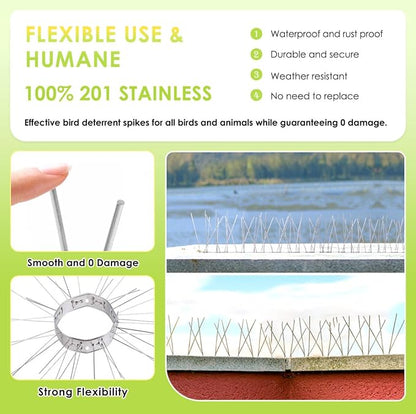 Pigeon Spikes Stainless Steel Bird Spikes for Outside to Keep Birds Away 12 Pack 10ft Coverage Bird Spikes Wire Prevention Spikes for Small Bird Squirrel for Fence Roof Blacony