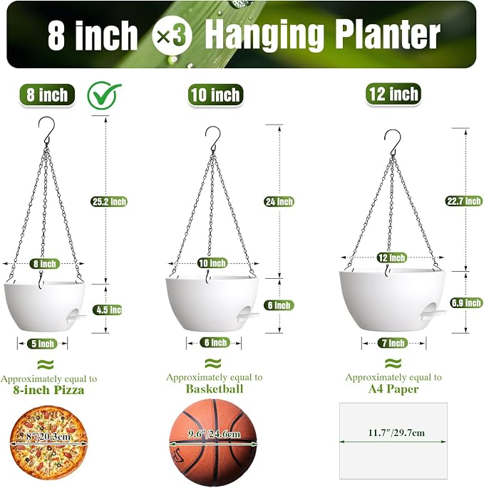 8 Inch Self Watering Hanging Planters Set of 3 with Saucers | Set of 3 8-inch self-watering hanging planters with side-fill watering ports, chain hangers & snap-on saucers