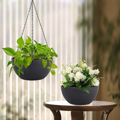 Meowell 10 inch Hanging Planters for Indoor Outdoor Plants, 2 Pack Hanging Flower Pots with Drainage Holes and Chain for Garden Porch, Round Plastic Hanging Baskets for House Plants, Black