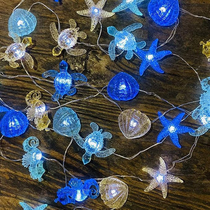 Coastal Solar String Lights Outdoor Garden Lights Marine Life Solar Fairy Garden Lights for Outside 14ft 40LED Waterproof Turtle Seahorse Starfish Clam Beach House Nautical String Lights Yard Decor