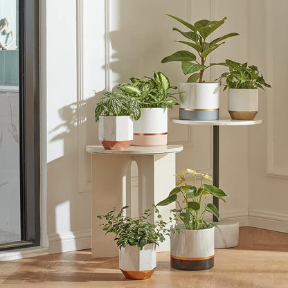 LA JOLIE MUSE White Ceramic Flower Pots - 6.7 + 5.4 Inch Indoor Planters, Plant Containers in a Marble Ink Pattern with Rose Gold and Pink Detailing