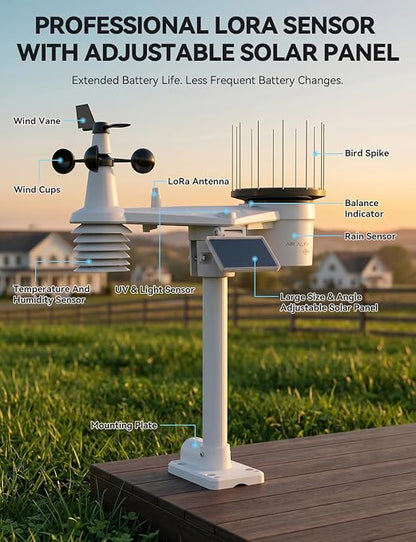 4900FT WiFi Smart Weather Stations Wireless Indoor Outdoor, Long-Distance Weather Station with HD Color Console, 7-in-1 Solar Sensor, Thermo-Hygro Sensor, Bird Spike & CSV Export White