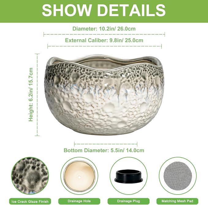 10 Inch Plant Pot - Ceramic Pots for Plants with Drainage Hole and Plug, Unique Flower Pots for Indoor Plants Outdoor, Modern Decorative Flower Pot, Office Decor, Garden Gifts, Beige-Grey
