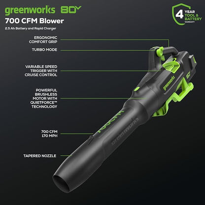 Greenworks 80V (700 CFM) Brushless Cordless Leaf Blower, (2) 2.5Ah Batteries and 45 Minute Rapid Charger