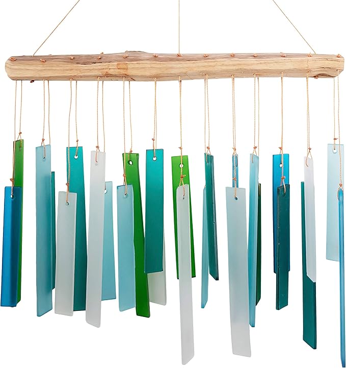 Ocean Blue Sea Glass Driftwood Wind Chime, Handcrafted Coastal, 15 Inch | Ocean Blue Glass; Driftwood Accent; Coastal Patio Decor; Handcrafted Wind Chime