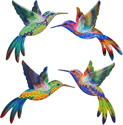 4 Pack Metal Hummingbird Wall Art Decor - 3D Colorful Birds Outdoor Wall Art,Hanging Decoration for Patio, Garden, Balcony and Fence (D)
